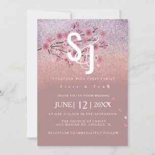 Invitation Glam Ombré Cerise Fleur Arbre Mariage Pétales Arbr