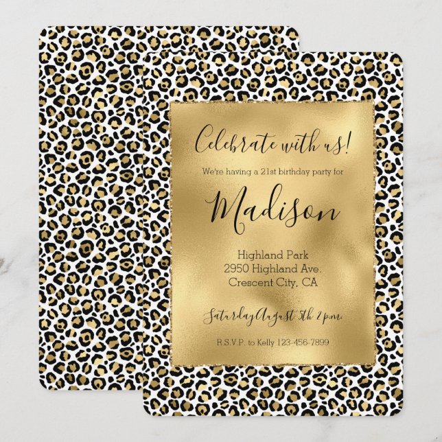 Invitation Glam or Empreinte de léopard noir étincelle (Devant / Derrière)