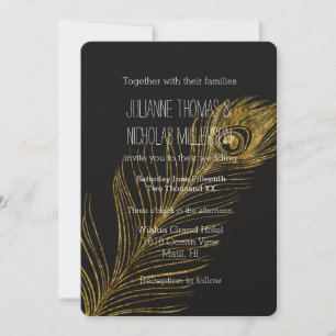 Invitation Glam or et Mariage de plume Peacock noir