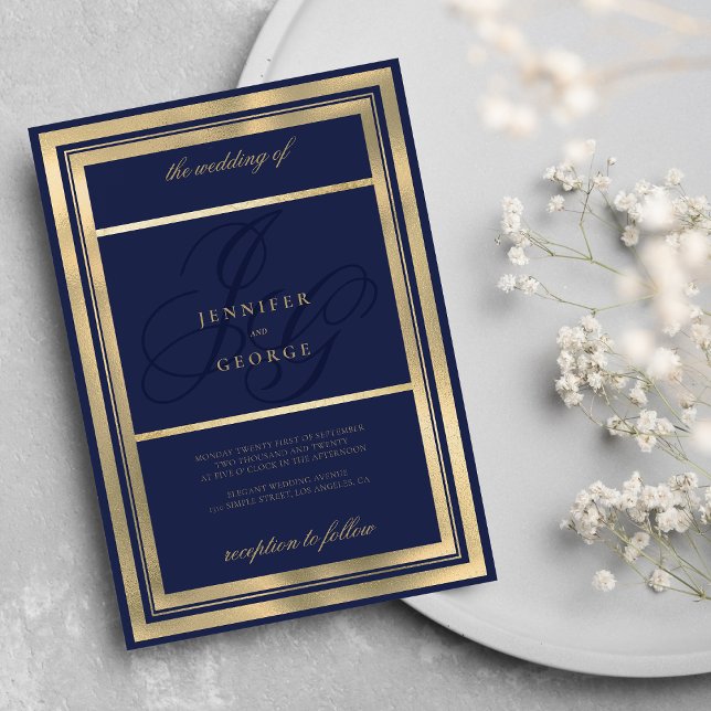 Invitation Glam or marine bleu monogramme initiales mariage (Glam gold navy blue monogram initials wedding)