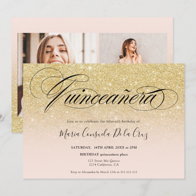 Invitation Glam or parties scintillant sombre script rose qui (Devant / Derrière)