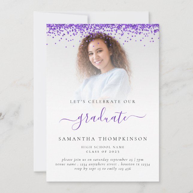 Invitation Glam Photo Purple Parties scintillant Graduation 2 (Devant)