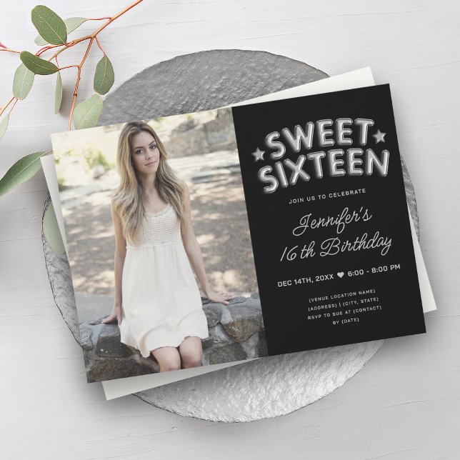 Invitation Glam Photo Silver Black Balloons Sweet 16 (Glam Photo Silver Black Balloons Sweet 16 Invitation)