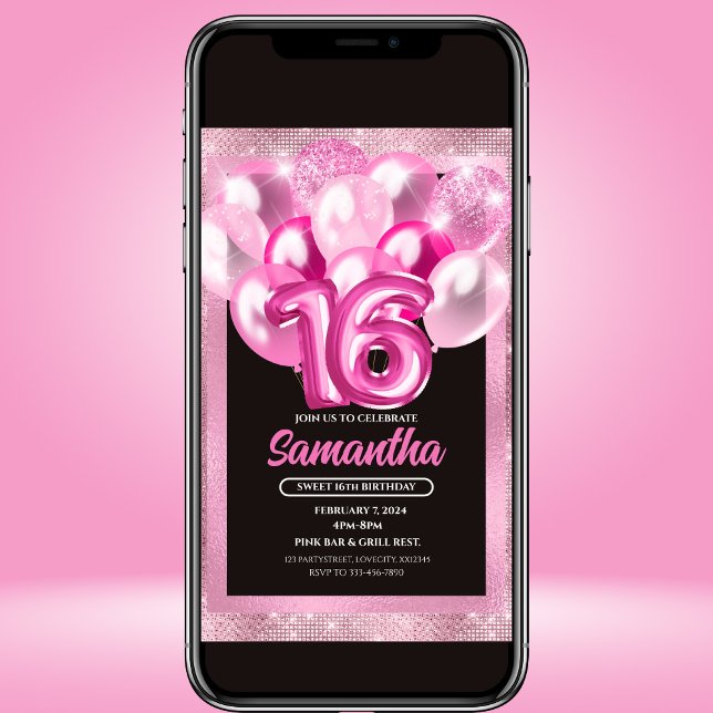 Invitation Glam Pink Balloons Sweet 16 Anniversaire Invitatio (Créateur téléchargé)