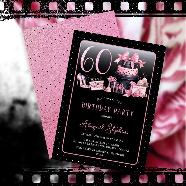 Invitation Glam Pink Black Fashion 60th Birthday Party (Glam Pink and Black French Couture Fashion 60th Birthday Party Invitation)