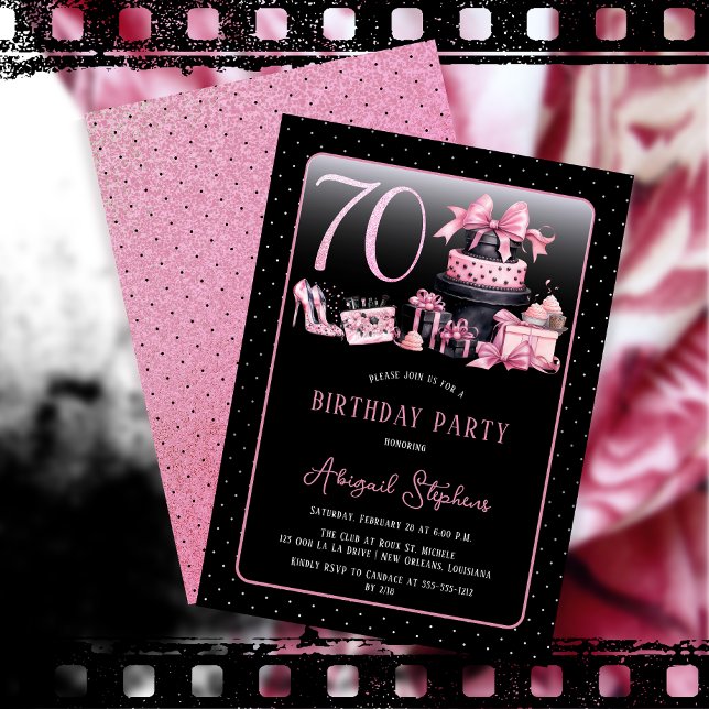 Invitation Glam Pink Black Fashion 70th Birthday Party (Glam Pink and Black French Couture Fashion 70th Birthday Party Invitation)