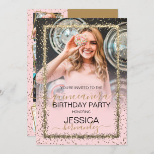 Invitation Glam Pink Gold Confetti Frontière Photo Quinceañer