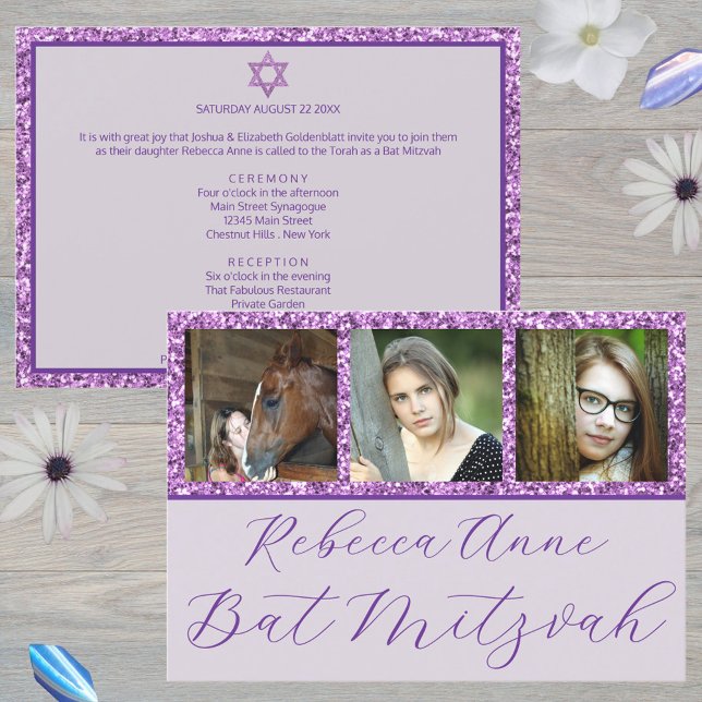 Invitation Glam Purple Élégant Script 3 Bat mitzvah photo (Add your daughter's photos to these unique purple glam Bat Mitzvah invitations)