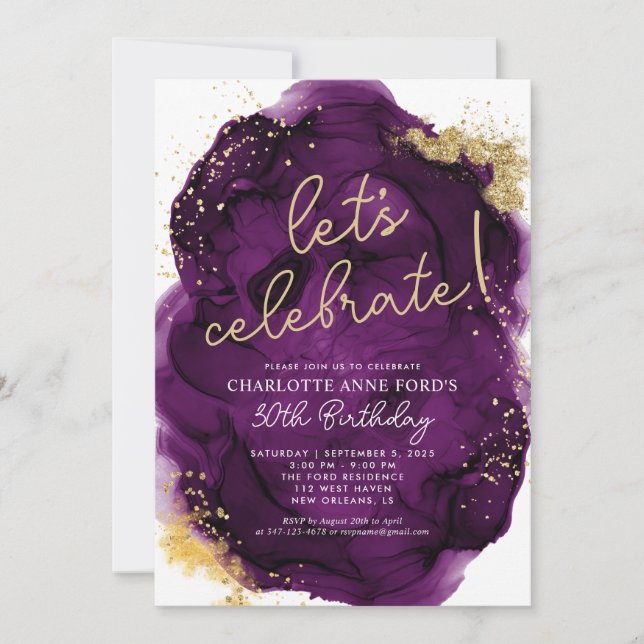 Invitation Glam Purple Gold Parties scintillant Encre d'alcoo (Devant)
