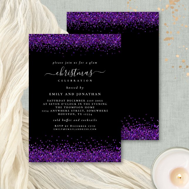 Invitation Glam Purple Parties scintillant Noël Noir (Front and back view)