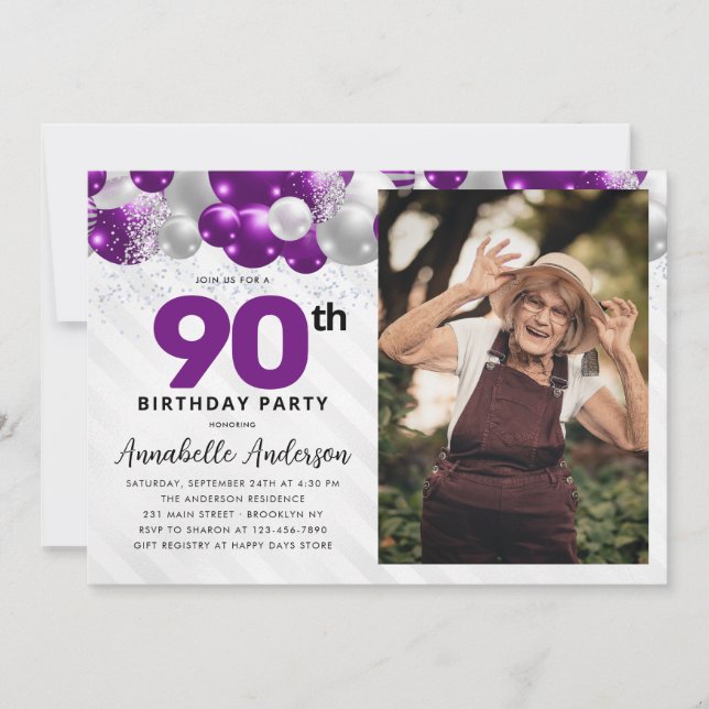 Invitation Glam Purple Silver Balloon Parties scintillant pho (Devant)