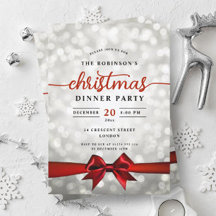 Invitation Glam Red Ribbon Silver Fête de Noël