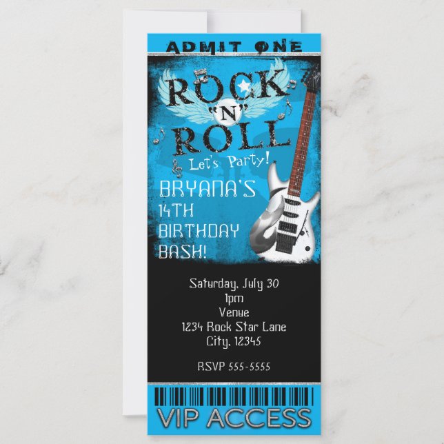 Invitation Glam Rock N Roll Star Billet d'anniversaire VIP Bl (Devant)