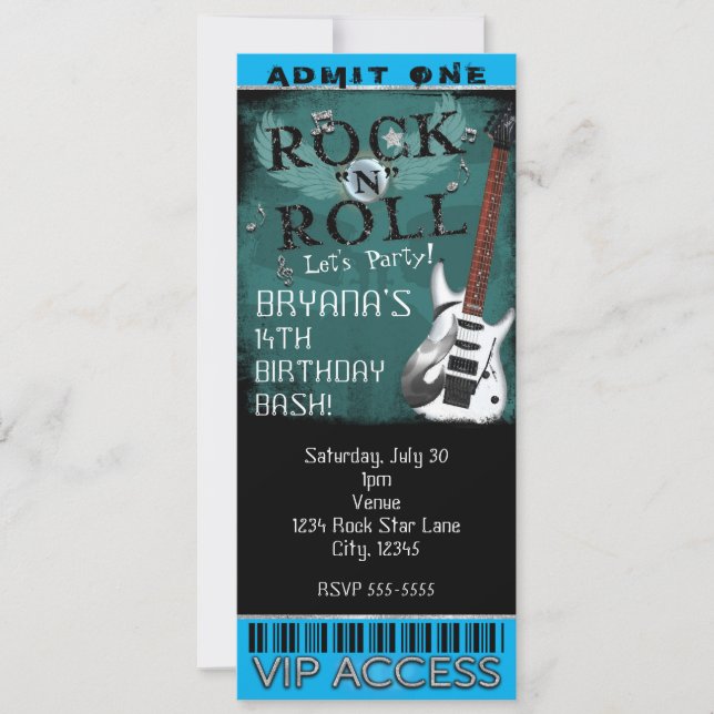 Invitation Glam Rock N Roll Star Billet d'anniversaire VIP Pa (Devant)