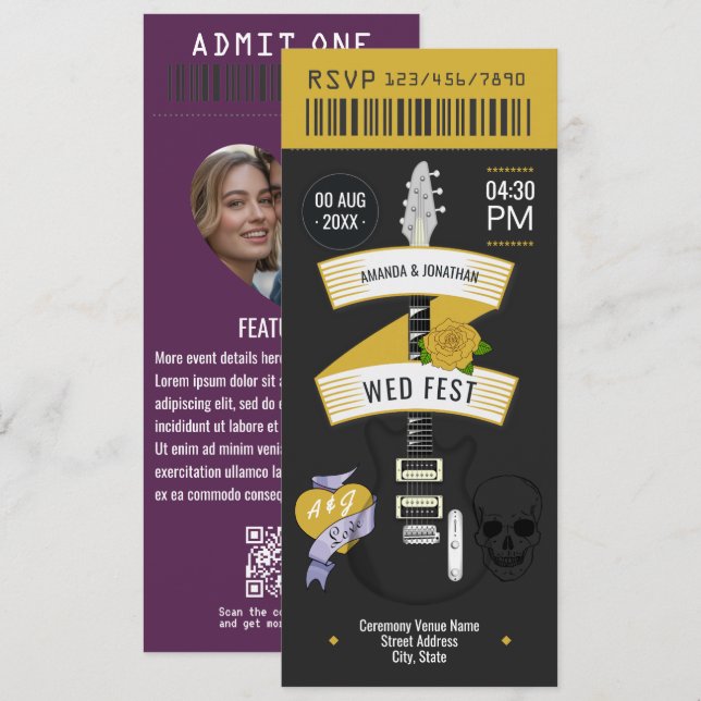 Invitation Glam Rock Rock ’n’ Roll Wedding Ticket (Devant / Derrière)