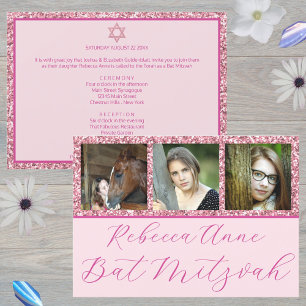Invitation Glam Rose Élégant Script 3 Photo Bar Mitzvah