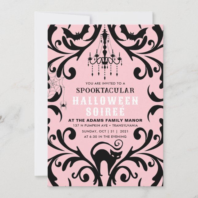 Invitation Glam rose et noir Damas Halloween Soiree (Devant)
