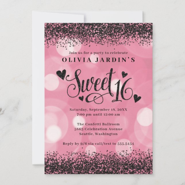 Invitation Glam rose et noir Parties scintillant douce 16 (Devant)