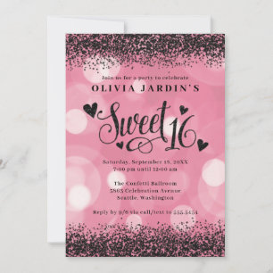 Invitation Glam rose et noir Parties scintillant douce 16