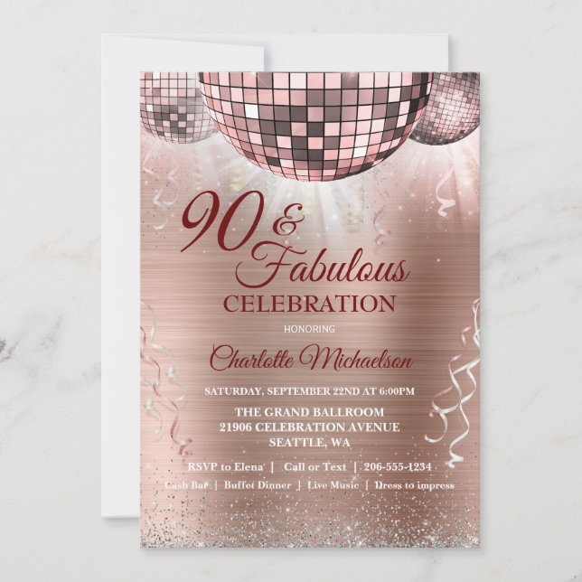 Invitation Glam rose Gold Parties scintillant 90e anniversair (Devant)