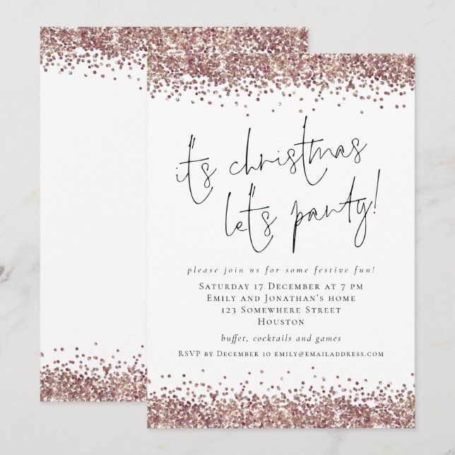 Invitation Glam Rose Gold Parties scintillant Son Noël Lets P (Devant / Derrière)