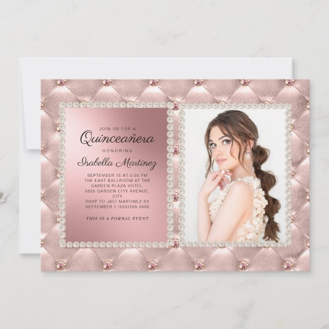 Invitation Glam Rose Gold Quinceañera Photo Pearles (Devant)