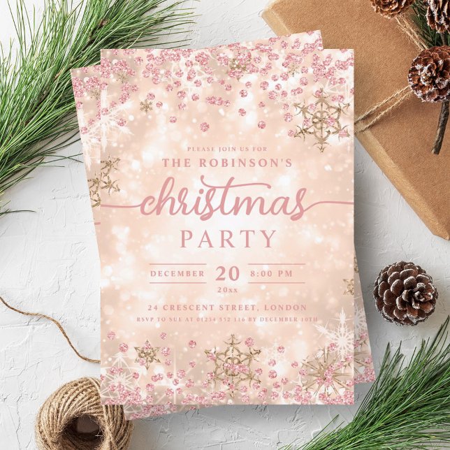 Invitation Glam Rose or hiver Diamants de neige Noël (Glam Rose Gold Winter Snow Diamonds Christmas Invitation)