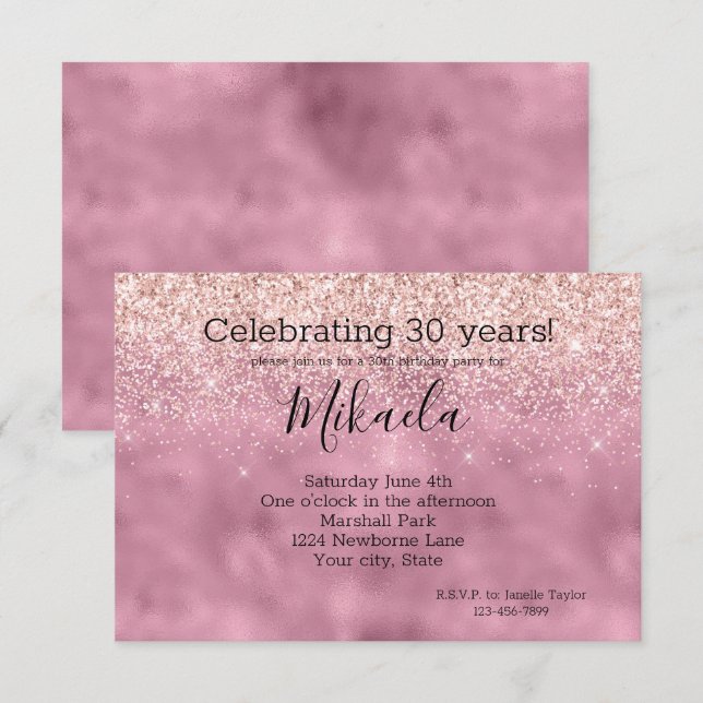 Invitation Glam rose Parties scintillant brillante (Devant / Derrière)