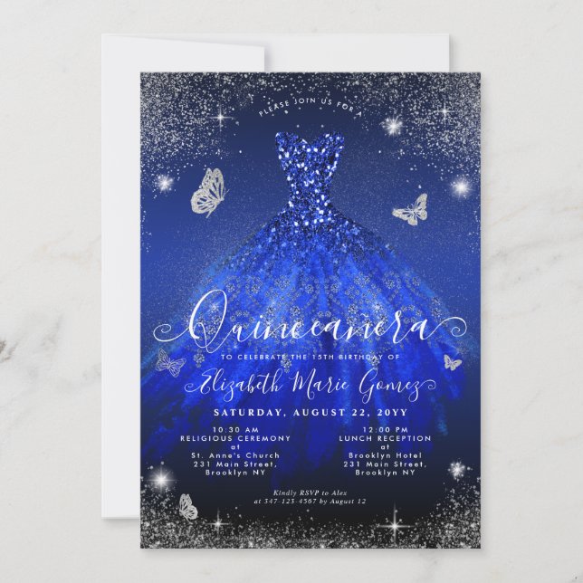 Invitation Glam Royal Blue Silver Parties scintillant Gown Qu (Devant)
