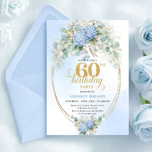 Invitation Glam Rustique Fleurs Bleu Soft Or 60e Anniversaire