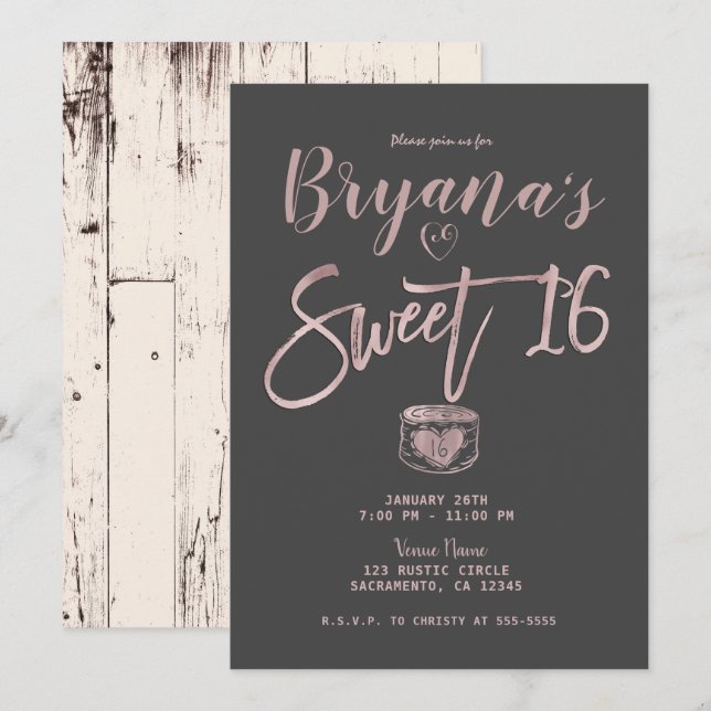 Invitation Glam Rustique Rose or rose gris doux 16 Partie (Devant / Derrière)