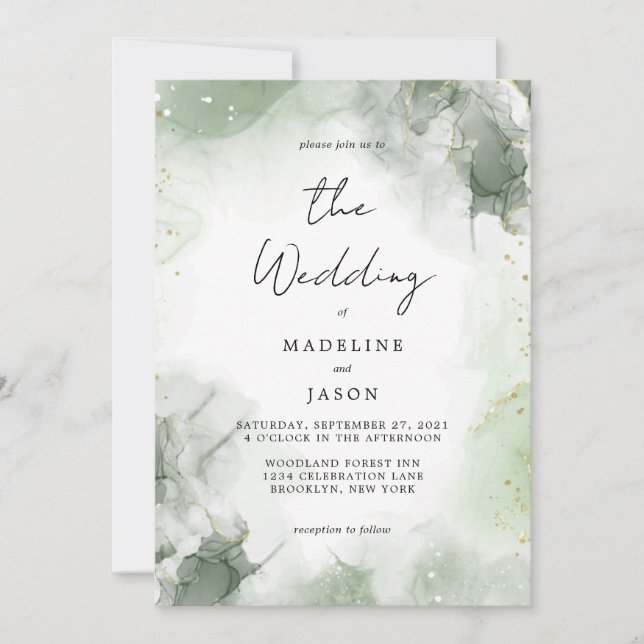 Invitation Glam Sage Vert Aquarelle Or Mariage d'encre fluide (Devant)