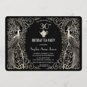 Invitation Glam Silver Art Déco Peacocks Anniversaire Tea Par