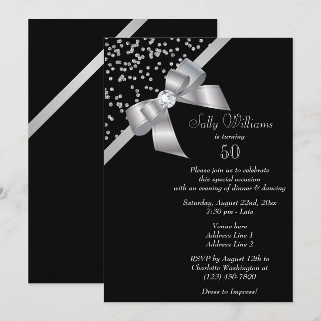 Invitation Glam Silver Confetti & Jewel Bow 50e anniversaire (Devant / Derrière)