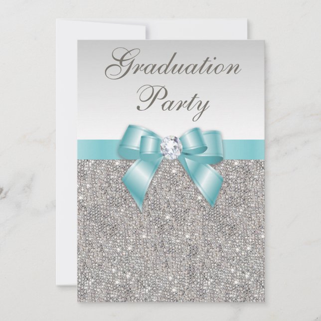 Invitation Glam Silver Jewels Turquoise Bow Girls Graduation (Devant)