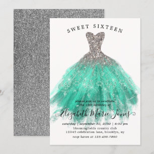 Invitation Glam Silver Mint Sparkle Robe Douce 16e anniversai