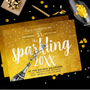 Invitation Glam Sparkling Champagne Gold New Year Party Invi