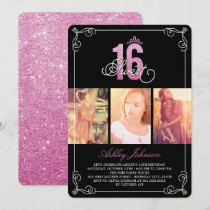 Invitation Glam Sucré rose 16 Photo Anniversaire