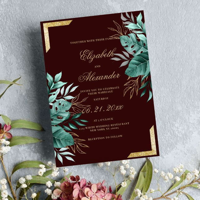 Invitation Glam tropical bordeaux or parties scintillant mari (Glam tropical burgundy gold glitter floral wedding)