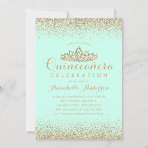 Invitation Glam Turquoise Aqua Quinceañera Gold Tiara Parties
