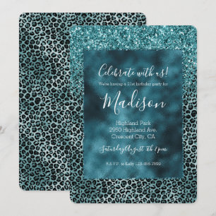 Invitation Glam Turquoise Bleu Canard Léopard Paillettes Anni
