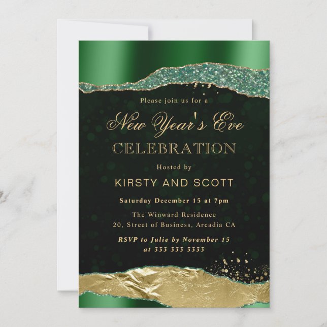 Invitation Glam vert et or Larmes Réveillon du Nouvel An (Devant)