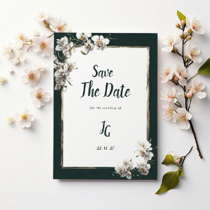 Invitation Glam vert foncé or blanc orchidée Save The Date