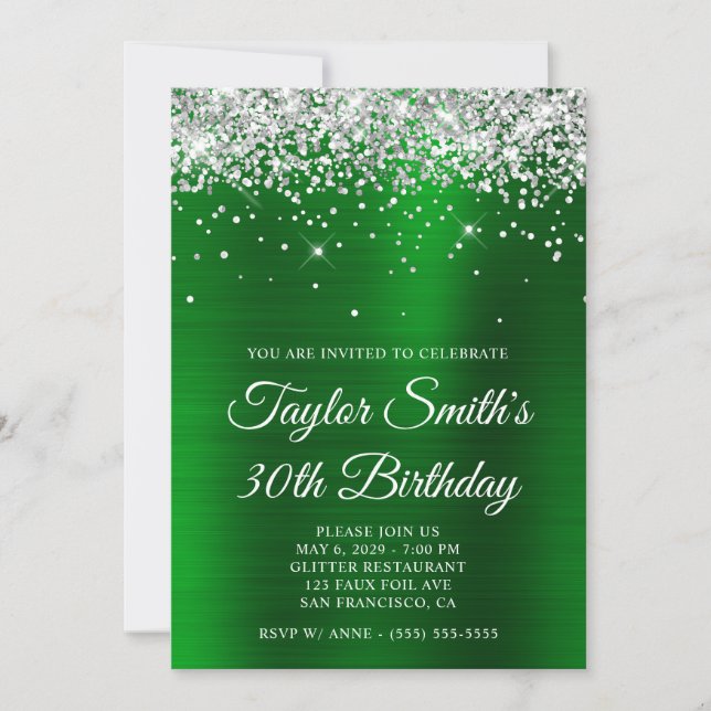 Invitation Glam vert Parties scintillant d'argent 30e anniver (Devant)