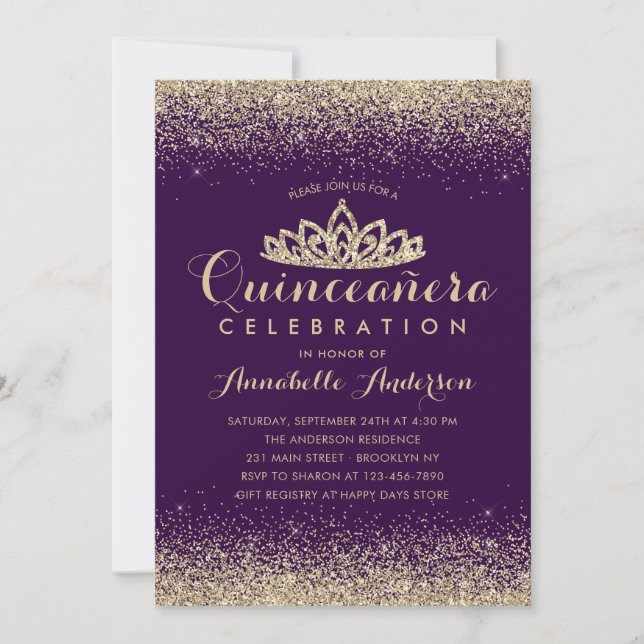 Invitation Glam Violet Violet Quinceañera Gold Tiara Parties  (Devant)