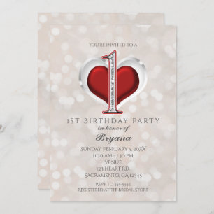 Invitation Glam White Bokeh & Red Valentine 1er anniversaire