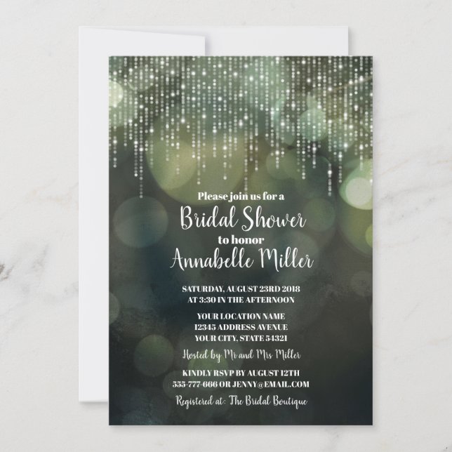 Invitation Glam White Fairy Lights foncé BOKEH Fête des marié (Devant)