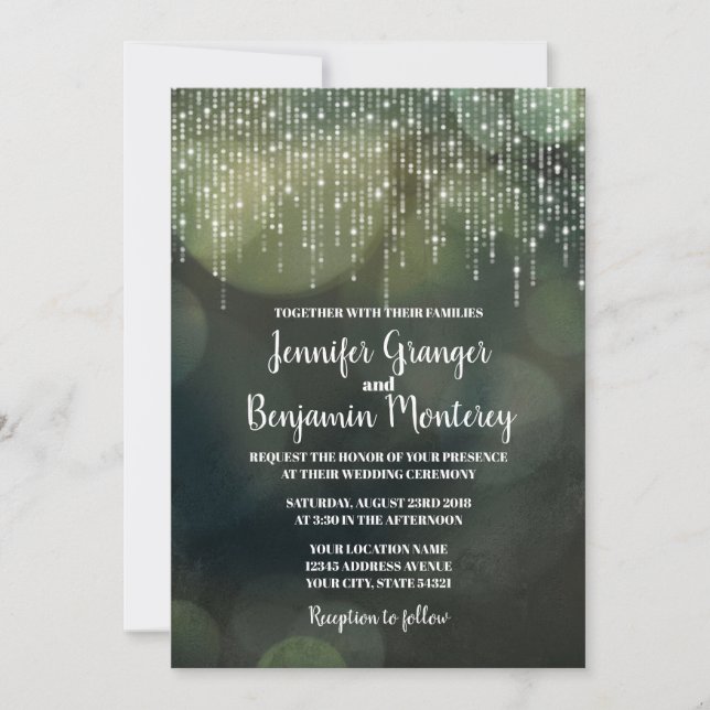Invitation Glam White Fairy Lights green BOKEH Mariage (Devant)