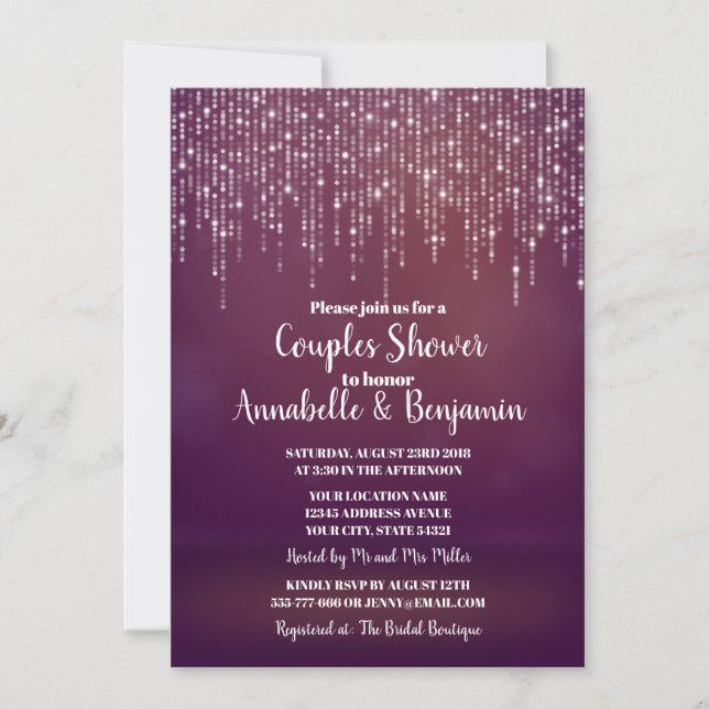 Invitation Glam White Fairy Lights ROSE BOKEH Couples Douche (Devant)