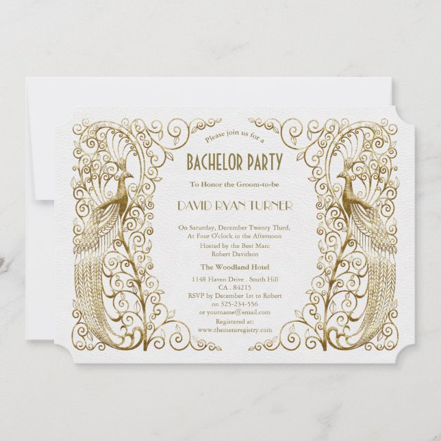 Invitation Glam White Gold Art Deco Peacocs Bachelor Party (Devant)